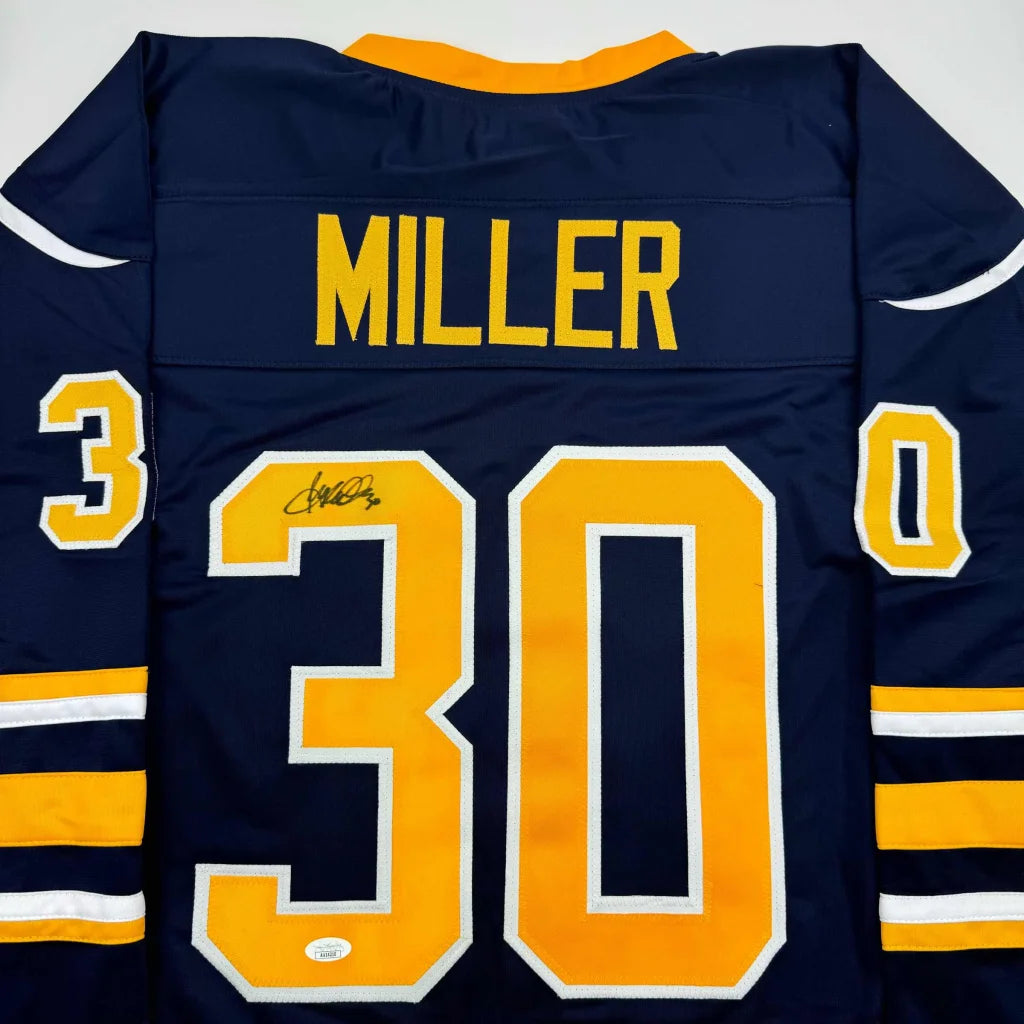 Autographed Ryan Miller custom jersey back, Buffalo navy blue with number 30, JSA COA