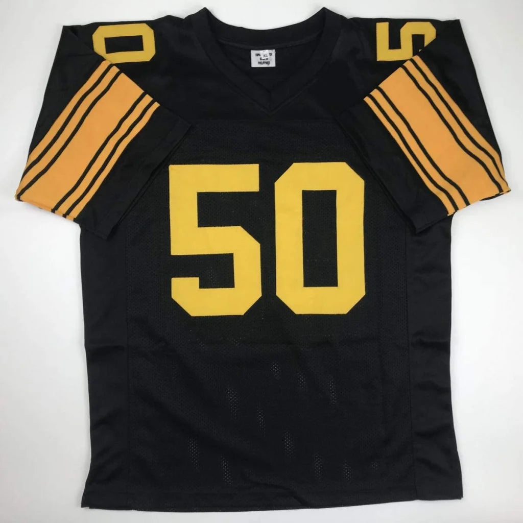 Black autographed ryan shazier custom jersey with bold yellow 50 and mesh fabric from professional sports league