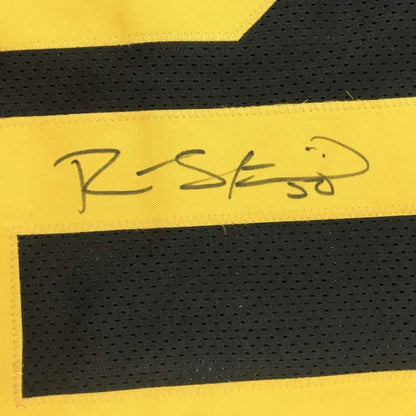 Autographed yellow and black striped custom jersey signed by Ryan Shazier from professional sports league football