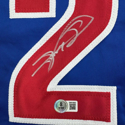 Blue custom jersey with red number 2 autographed, Witness hologram, QR code for pro sports fans