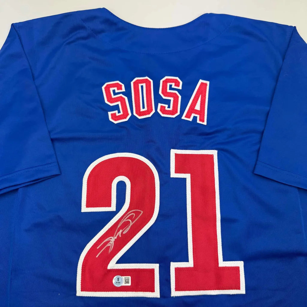 Autographed Sammy Sosa Chicago Cubs blue custom jersey with 21, JSA COA