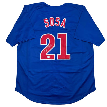 Autographed Sammy Sosa custom Chicago Cubs blue baseball jersey with red Sosa 21 and signature, JSA COA