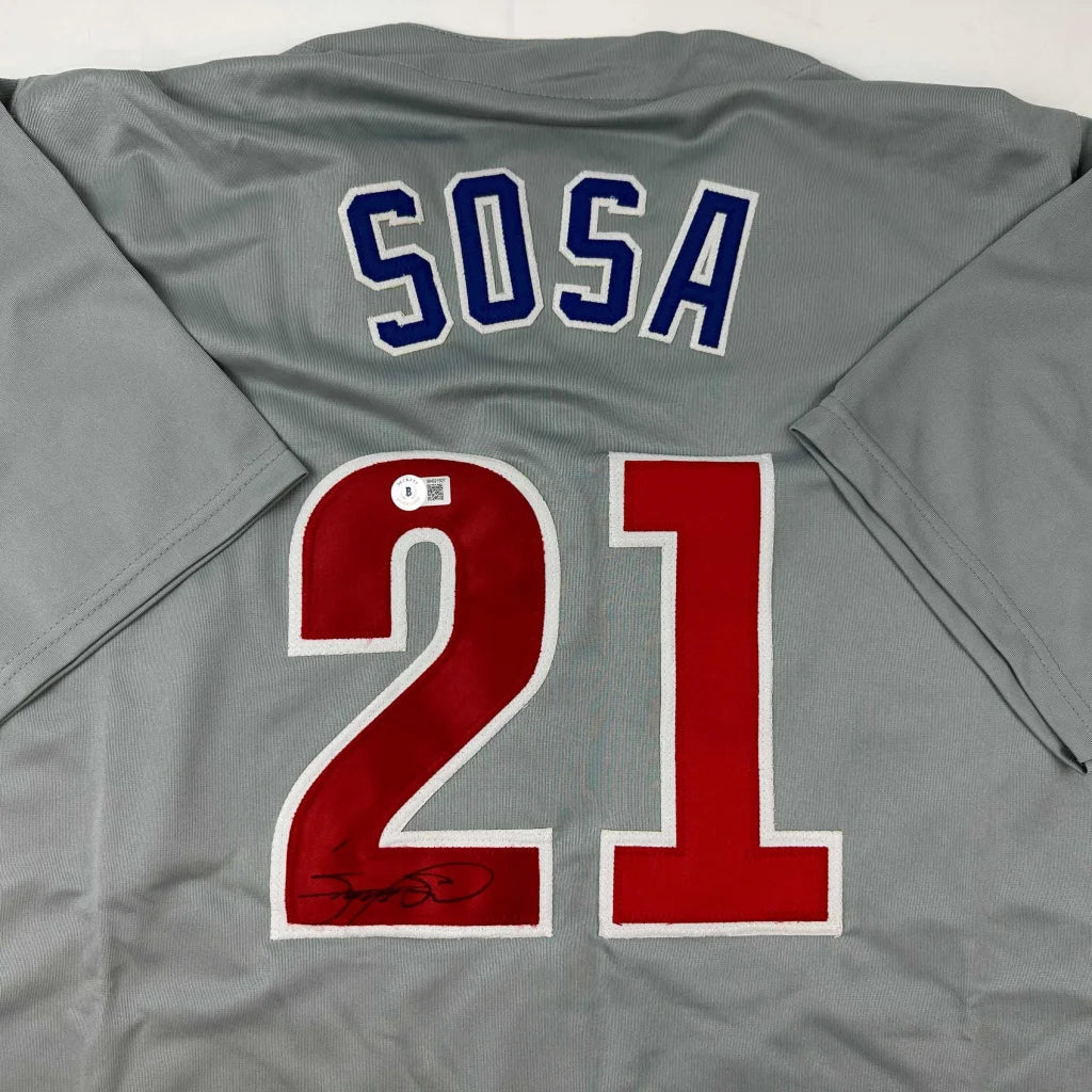 Autographed Sammy Sosa Chicago Grey Baseball Jersey Beckett BAS COA | Certified Authentic Signed Memorabilia | vintageantiquesgifts.com