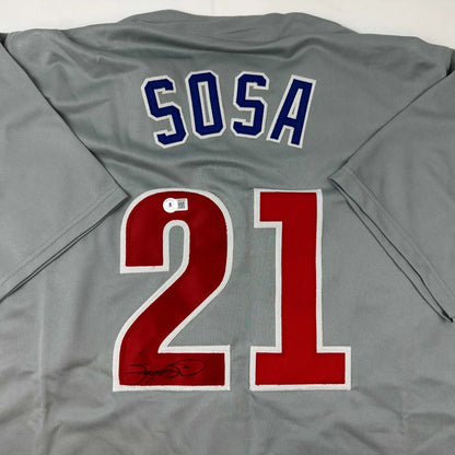 Autographed Sammy Sosa Chicago Grey Baseball Jersey Beckett BAS COA | Certified Authentic Signed Memorabilia | vintageantiquesgifts.com
