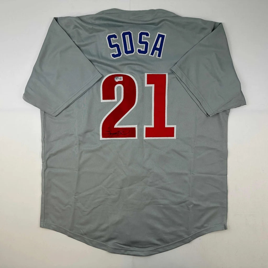 Autographed Sammy Sosa Chicago Grey Baseball Jersey Beckett BAS COA | Hall of Fame Sports Memorabilia | vintageantiquesgifts.com