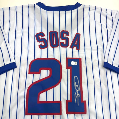 Autographed Sammy Sosa Chicago Pinstripe Baseball Jersey Beckett BAS COA | Certified Authentic Signed Memorabilia | vintageantiquesgifts.com