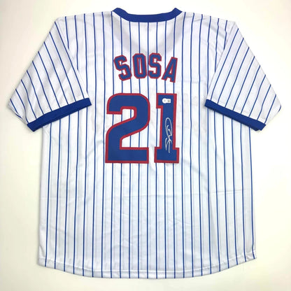 Autographed Sammy Sosa Chicago Pinstripe Baseball Jersey Beckett BAS COA | Hall of Fame Sports Memorabilia | vintageantiquesgifts.com