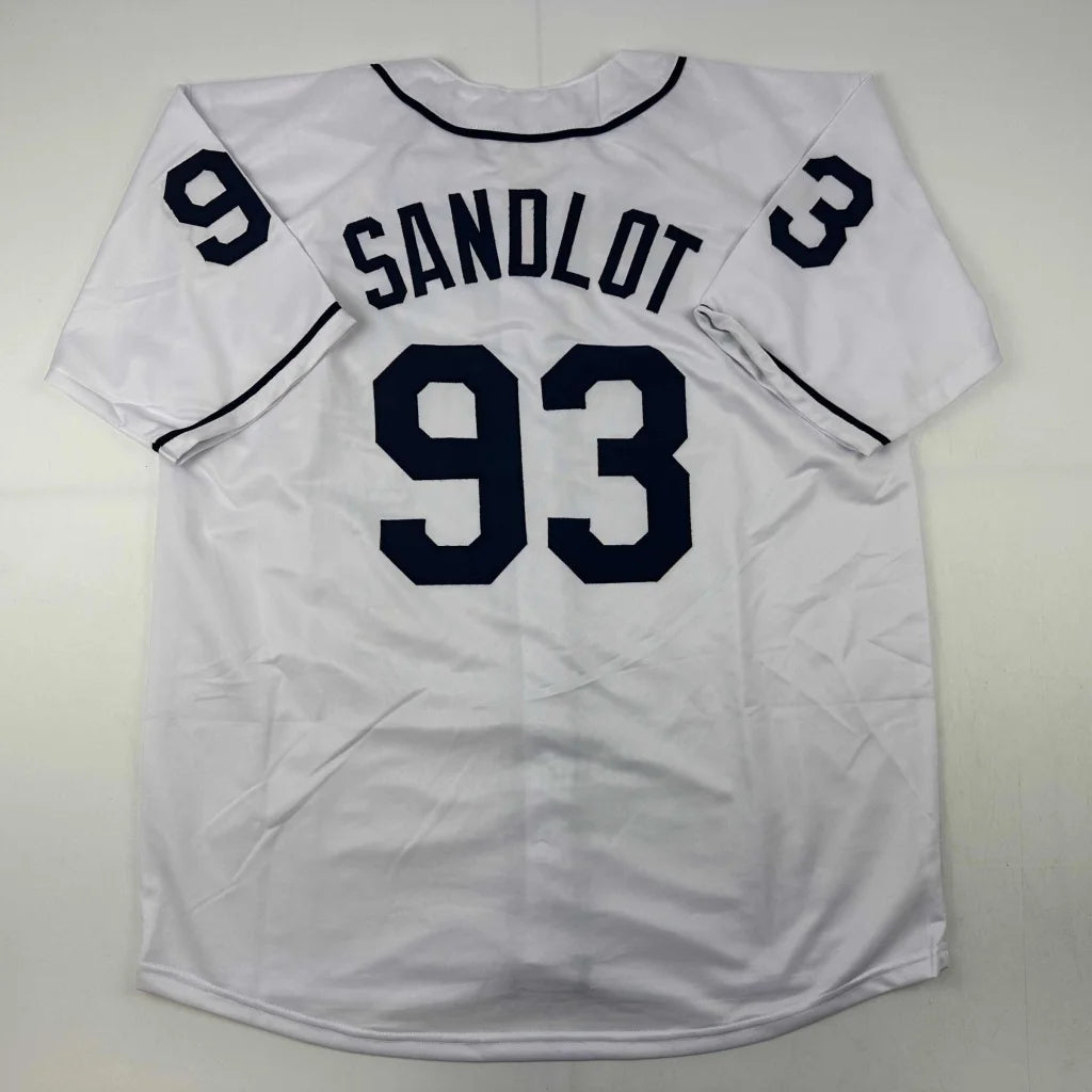 White Sandlot baseball jersey with Sandlot and number 93 in dark blue, authentic memorabilia