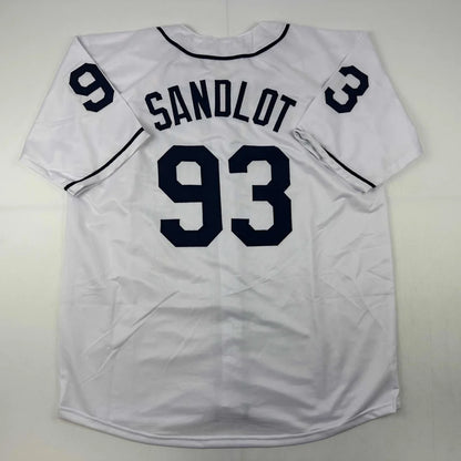 White Sandlot baseball jersey with Sandlot and number 93 in dark blue, authentic memorabilia