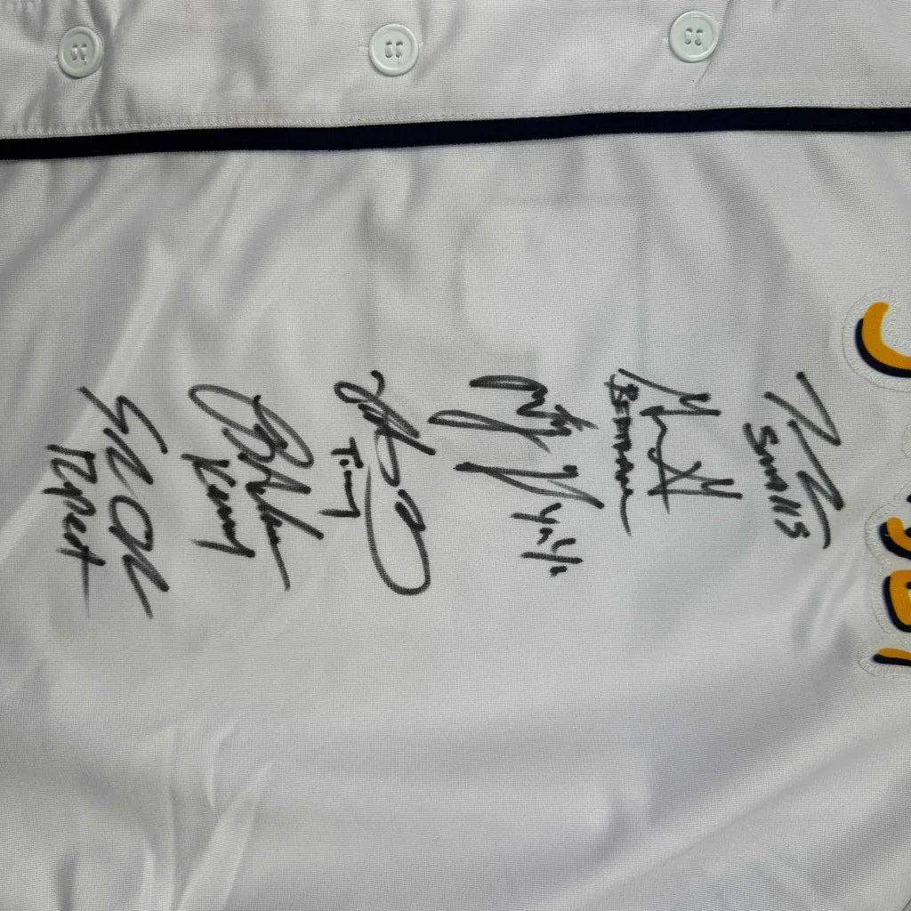 Autographed Sandlot cast white baseball jersey with black trim and signatures