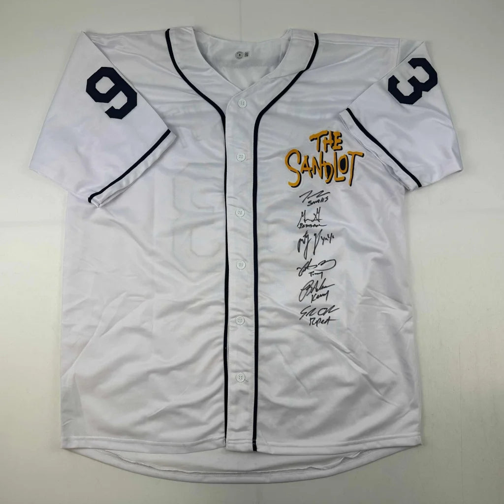 White Sandlot baseball jersey with black trim, signatures, and The Sandlot logo