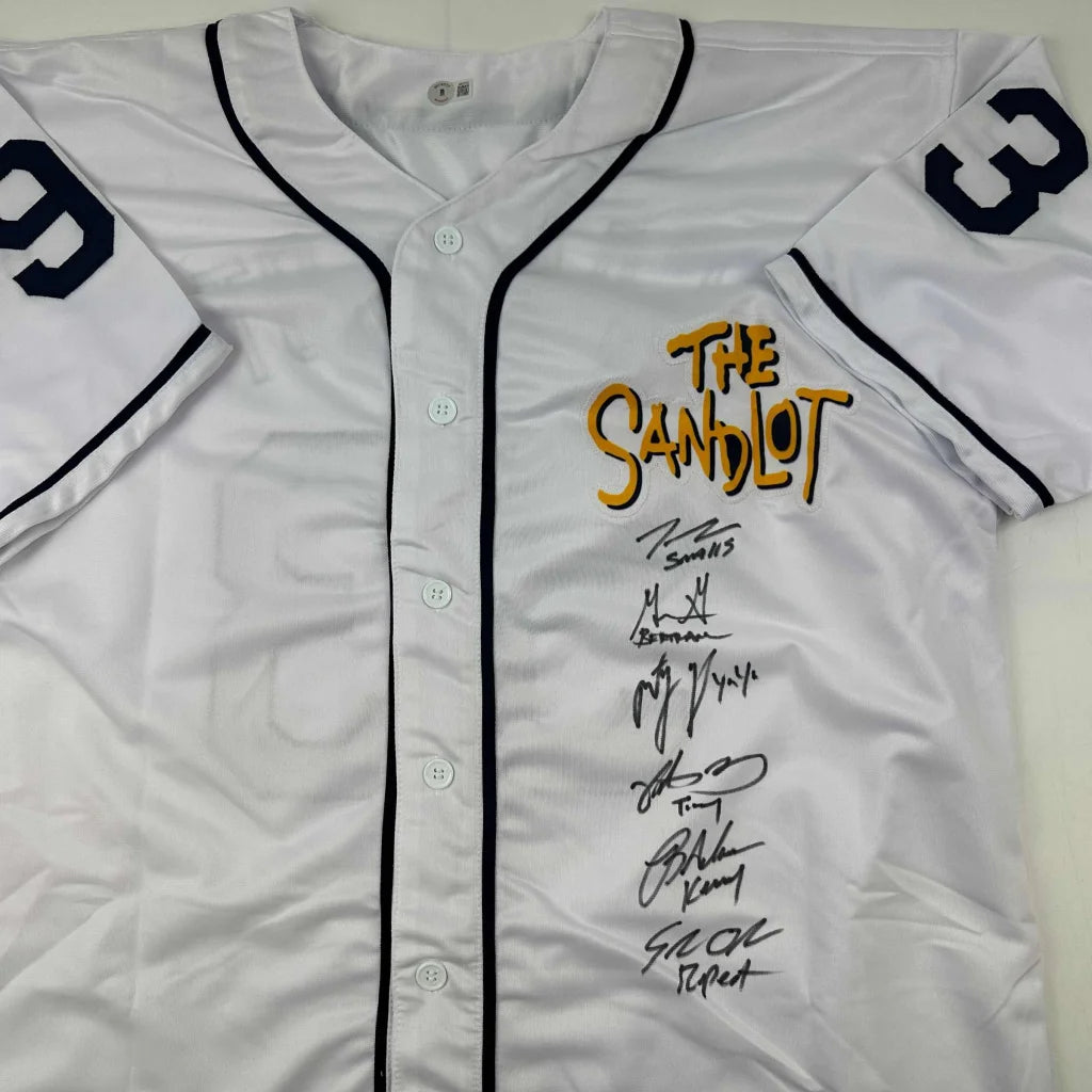 Autographed The Sandlot cast-signed white baseball jersey with logo