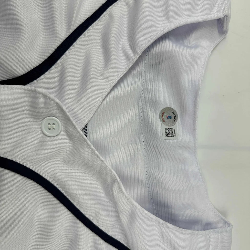 White button-up Sandlot baseball jersey with black trim and authenticity hologram