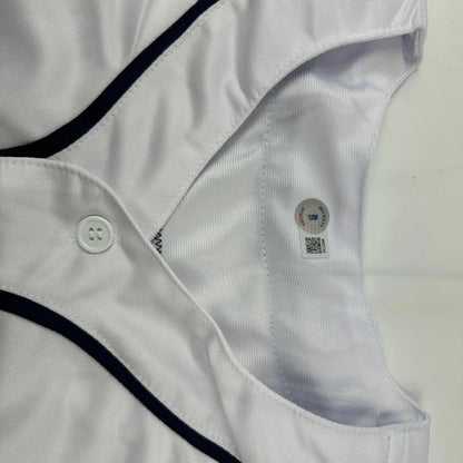 White button-up Sandlot baseball jersey with black trim and authenticity hologram