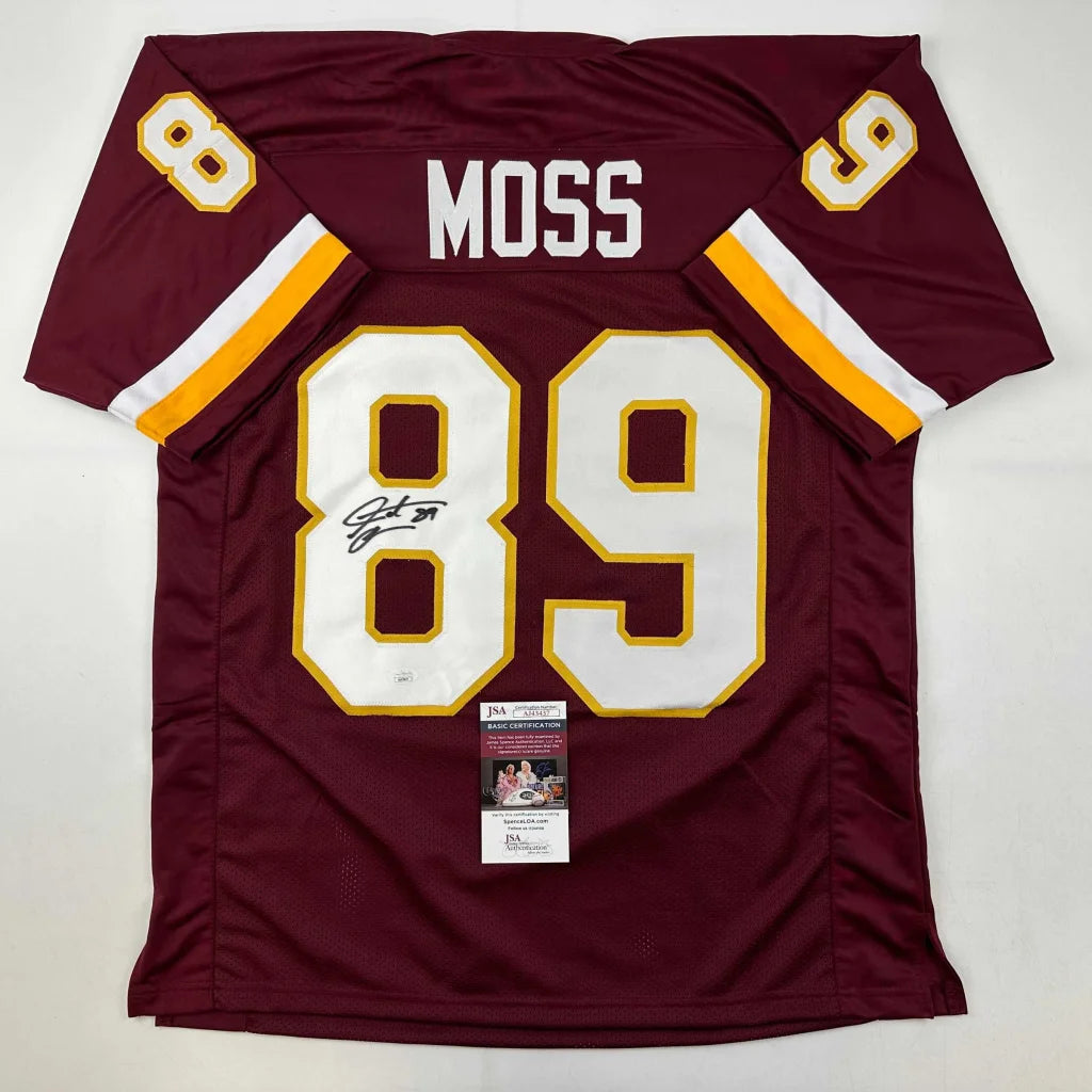 Back view of custom burgundy Santana Moss football jersey with white and gold accents from professional sports league
