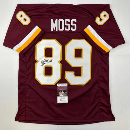 Back view of custom burgundy Santana Moss football jersey with white and gold accents from professional sports league