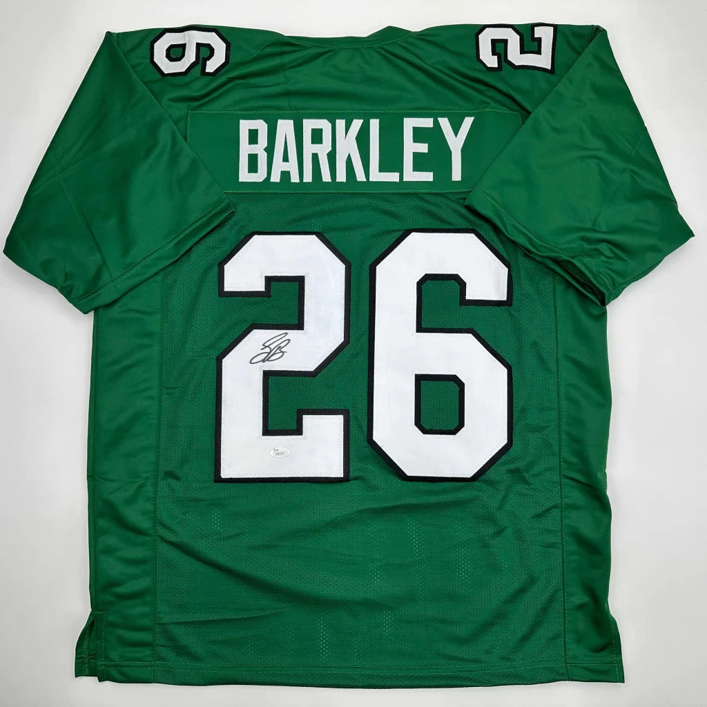 Autographed Saquon Barkley Philadelphia Kelly Green Football Jersey Beckett BAS COA | Hall of Fame Sports Memorabilia | vintageantiquesgifts.com