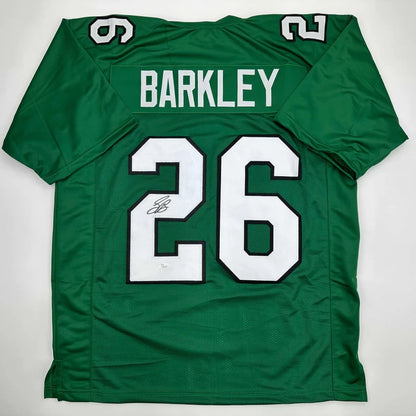 Autographed Saquon Barkley Philadelphia Kelly Green Football Jersey Beckett BAS COA | Hall of Fame Sports Memorabilia | vintageantiquesgifts.com