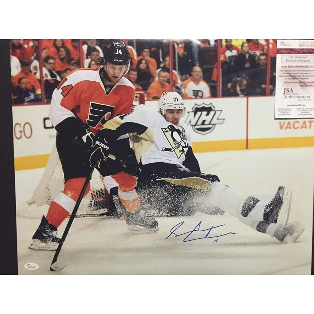 Autographed Sean Couturier vs. Evgeni Malkin 16x20 Philadelphia Flyers Hockey Photo JSA COA | Hall of Fame Sports Memorabilia | vintageantiquesgifts.com