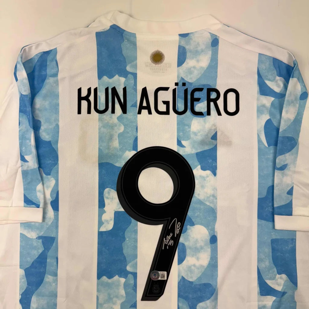 Autographed Sergio Kun Aguero 2021 Argentina Home Blue Soccer Futbol Jersey Beckett BAS COA | Certified Authentic Signed Memorabilia | vintageantiquesgifts.com