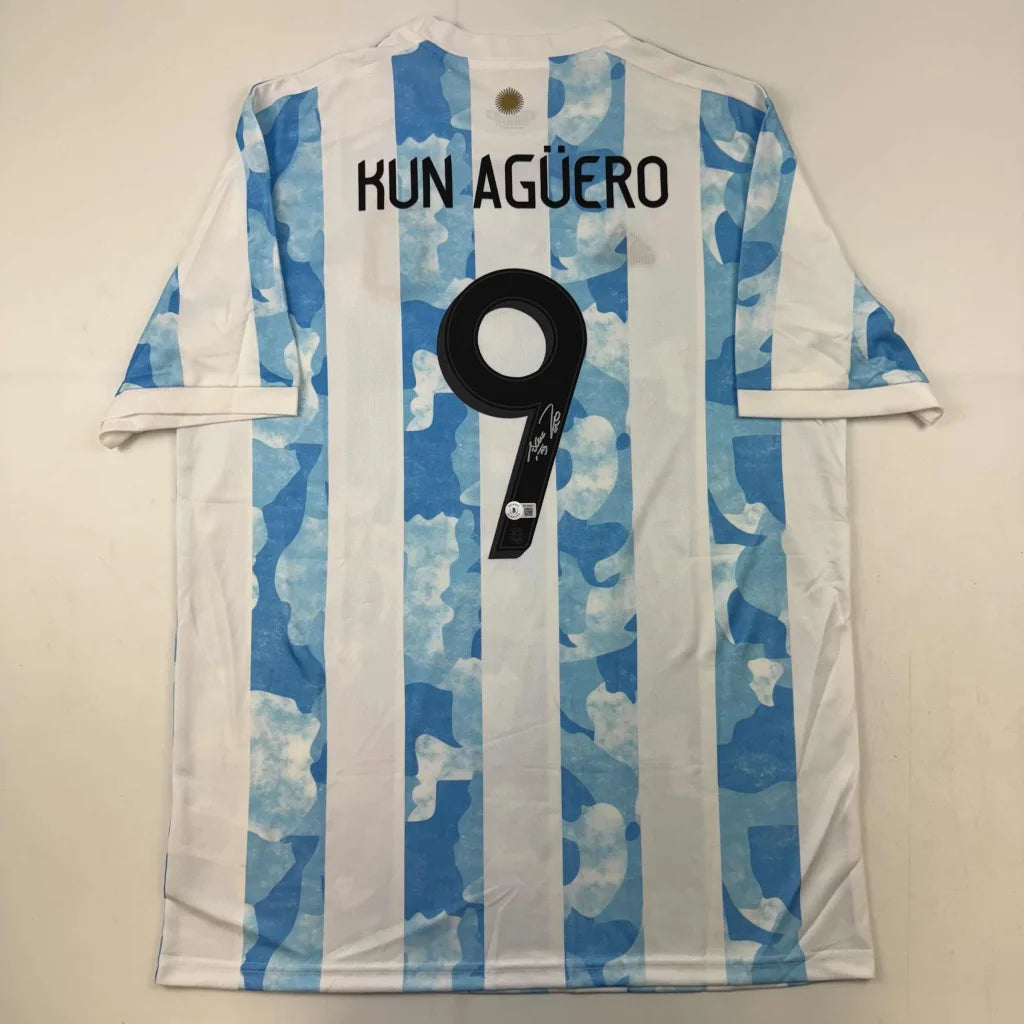 Autographed Sergio Kun Aguero 2021 Argentina Home Blue Soccer Futbol Jersey Beckett BAS COA | Hall of Fame Sports Memorabilia | vintageantiquesgifts.com