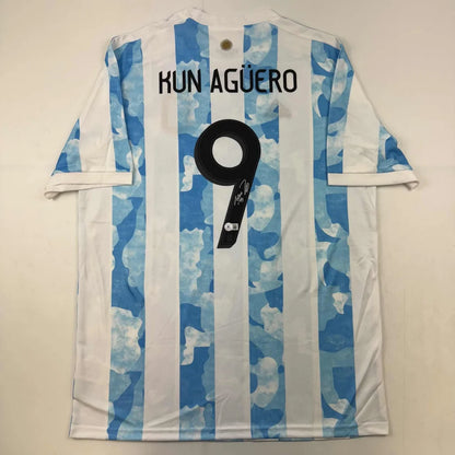 Autographed Sergio Kun Aguero 2021 Argentina Home Blue Soccer Futbol Jersey Beckett BAS COA | Hall of Fame Sports Memorabilia | vintageantiquesgifts.com