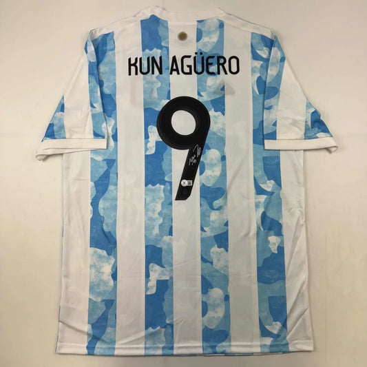 Autographed Sergio Kun Aguero 2021 Argentina Home Blue Soccer Futbol Jersey Beckett BAS COA | Hall of Fame Sports Memorabilia | vintageantiquesgifts.com