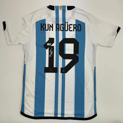 Autographed Sergio Kun Aguero Argentina Blue Soccer Futbol Jersey Beckett BAS COA | Hall of Fame Sports Memorabilia | vintageantiquesgifts.com