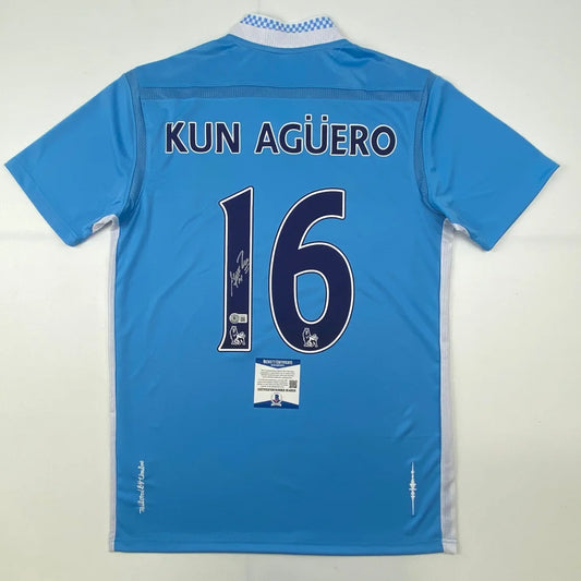 Autographed Sergio Kun Aguero Manchester City Blue Soccer Futbol Jersey Beckett BAS COA | Hall of Fame Sports Memorabilia | vintageantiquesgifts.com