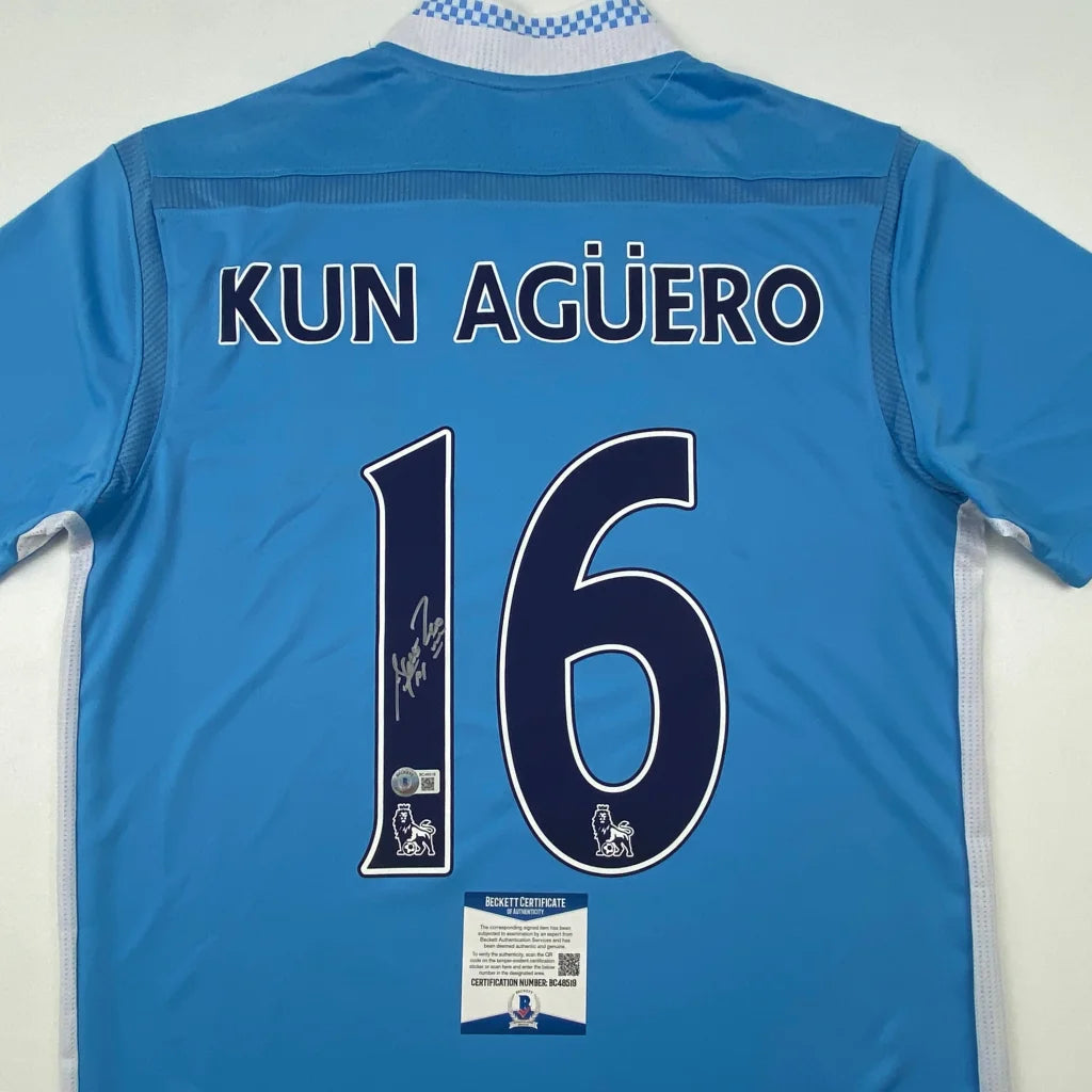 Autographed Sergio Kun Aguero Manchester City Blue Soccer Futbol Jersey Beckett BAS COA | Certified Authentic Signed Memorabilia | vintageantiquesgifts.com