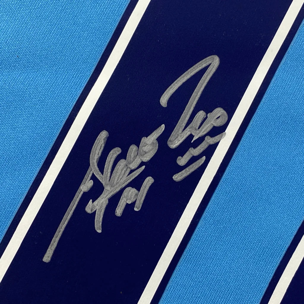 Autographed light blue dark blue striped Kun Aguero jersey with third party authentication