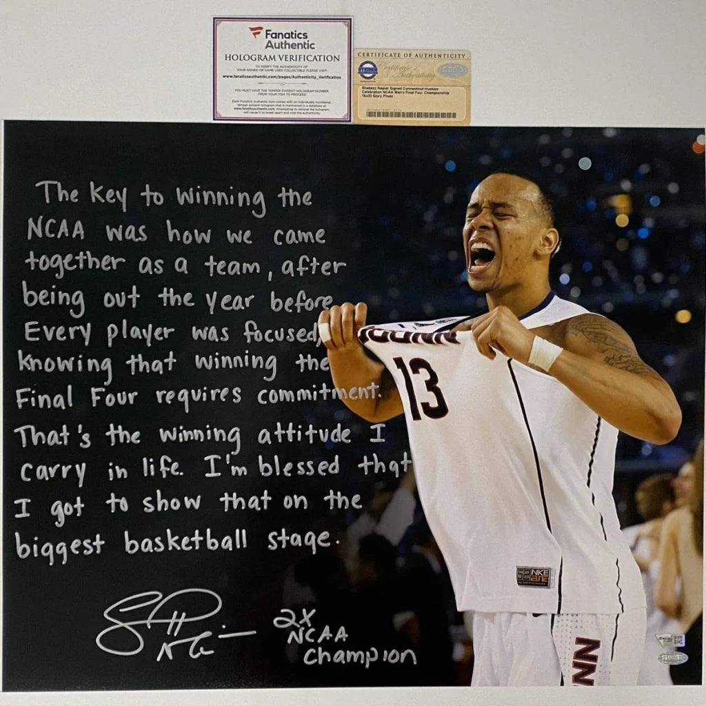Autographed Shabazz Napier Inscribed Story UConn Huskies 16x20 College Basketball Photo Fanatics COA | Hall of Fame Sports Memorabilia | vintageantiquesgifts.com
