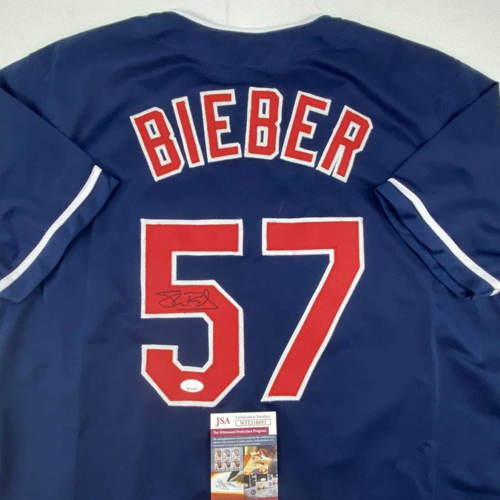 Autographed Shane Bieber custom jersey, navy blue Cleveland pro sports league style