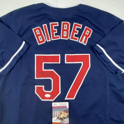 Autographed Shane Bieber custom jersey, navy blue Cleveland pro sports league style
