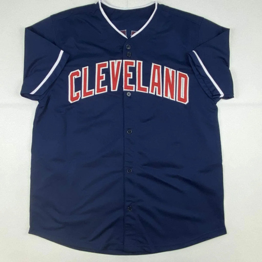 Autographed Shane Bieber Cleveland custom jersey in navy blue with red arched lettering