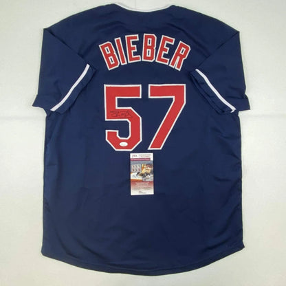 Autographed Shane Bieber Cleveland custom jersey with navy blue design