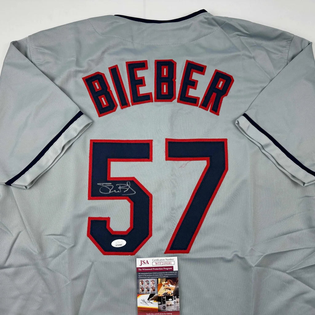 Autographed Shane Bieber gray custom jersey back, number 57, JSA COA