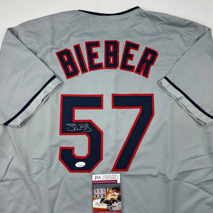Autographed Shane Bieber gray custom jersey back, number 57, JSA COA