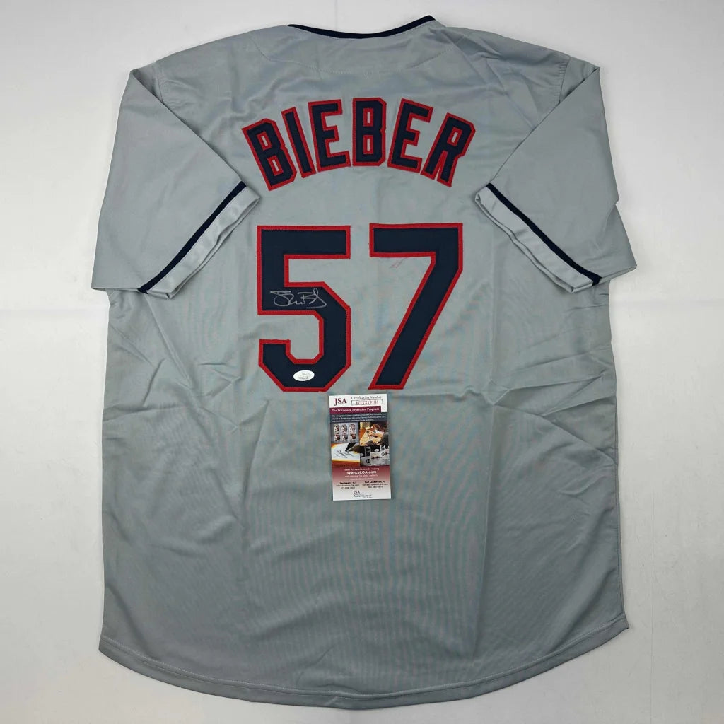 Autographed Shane Bieber gray Cleveland custom jersey back, number 57