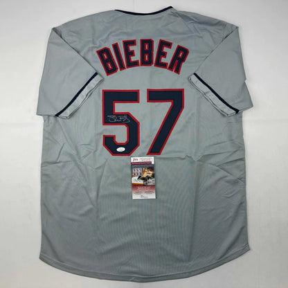 Autographed Shane Bieber gray Cleveland custom jersey back, number 57