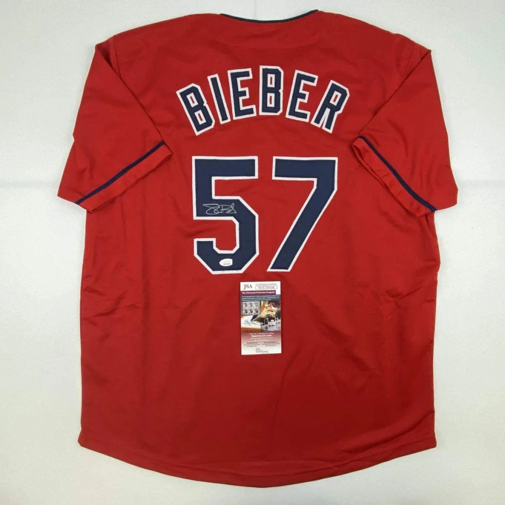 Autographed Shane Bieber Cleveland Red Baseball Jersey JSA COA | Hall of Fame Sports Memorabilia | vintageantiquesgifts.com