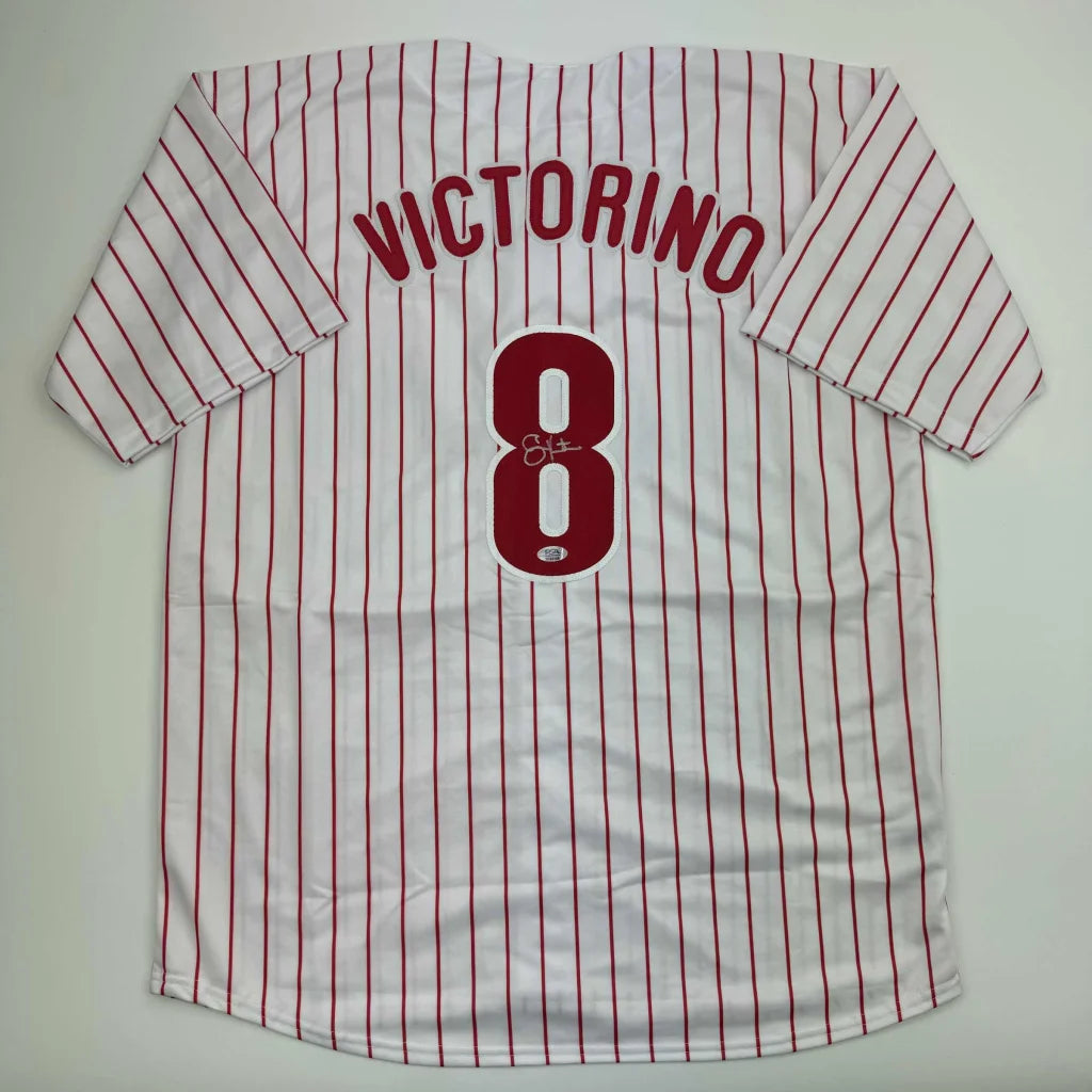 Autographed white pinstripe custom jersey with Victorino 8 for professional sports fans