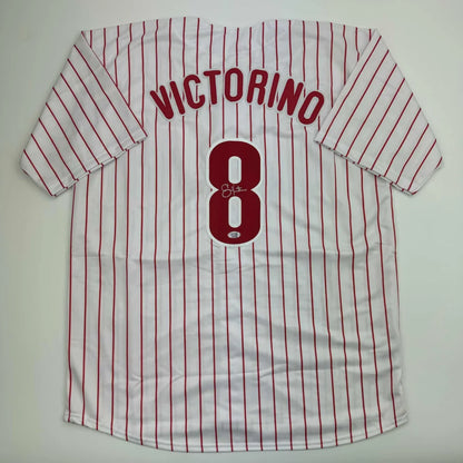 Autographed white pinstripe custom jersey with Victorino 8 for professional sports fans