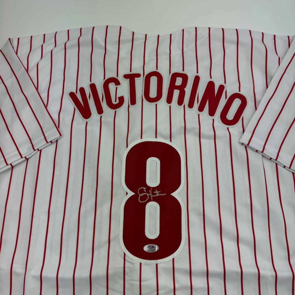 Autographed Shane Victorino Philadelphia Pinstripe Baseball Jersey PSA COA | Certified Authentic Signed Memorabilia | vintageantiquesgifts.com