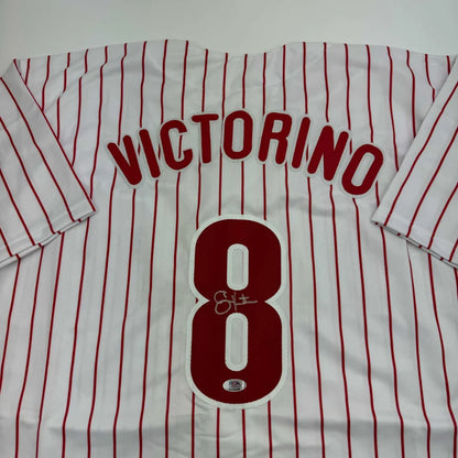 Autographed Shane Victorino Philadelphia Pinstripe Baseball Jersey PSA COA | Certified Authentic Signed Memorabilia | vintageantiquesgifts.com