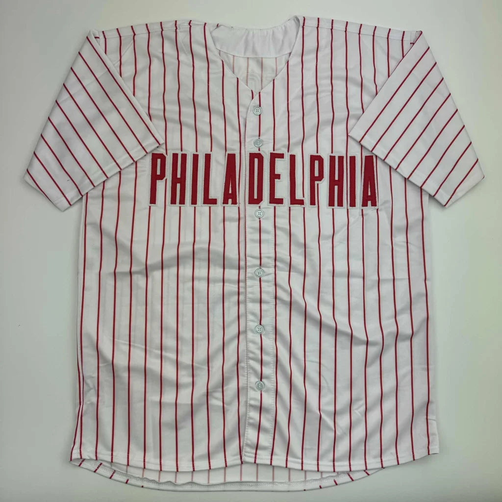 White baseball jersey with red pinstripes and PHILADELPHIA for custom sports memorabilia