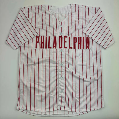 White baseball jersey with red pinstripes and PHILADELPHIA for custom sports memorabilia
