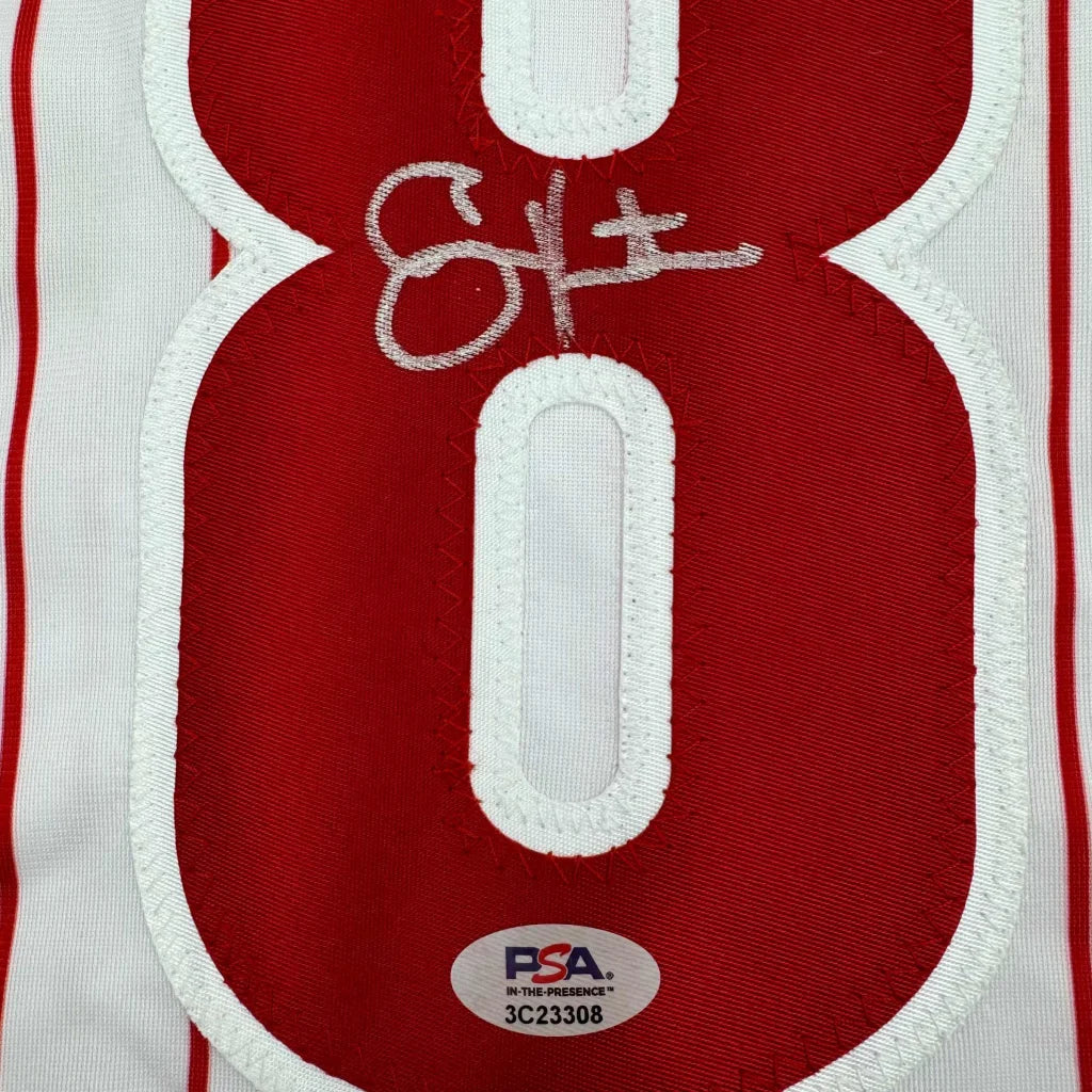 Red and white pinstriped custom jersey with signed 8 and PSA sticker for pro sports fans