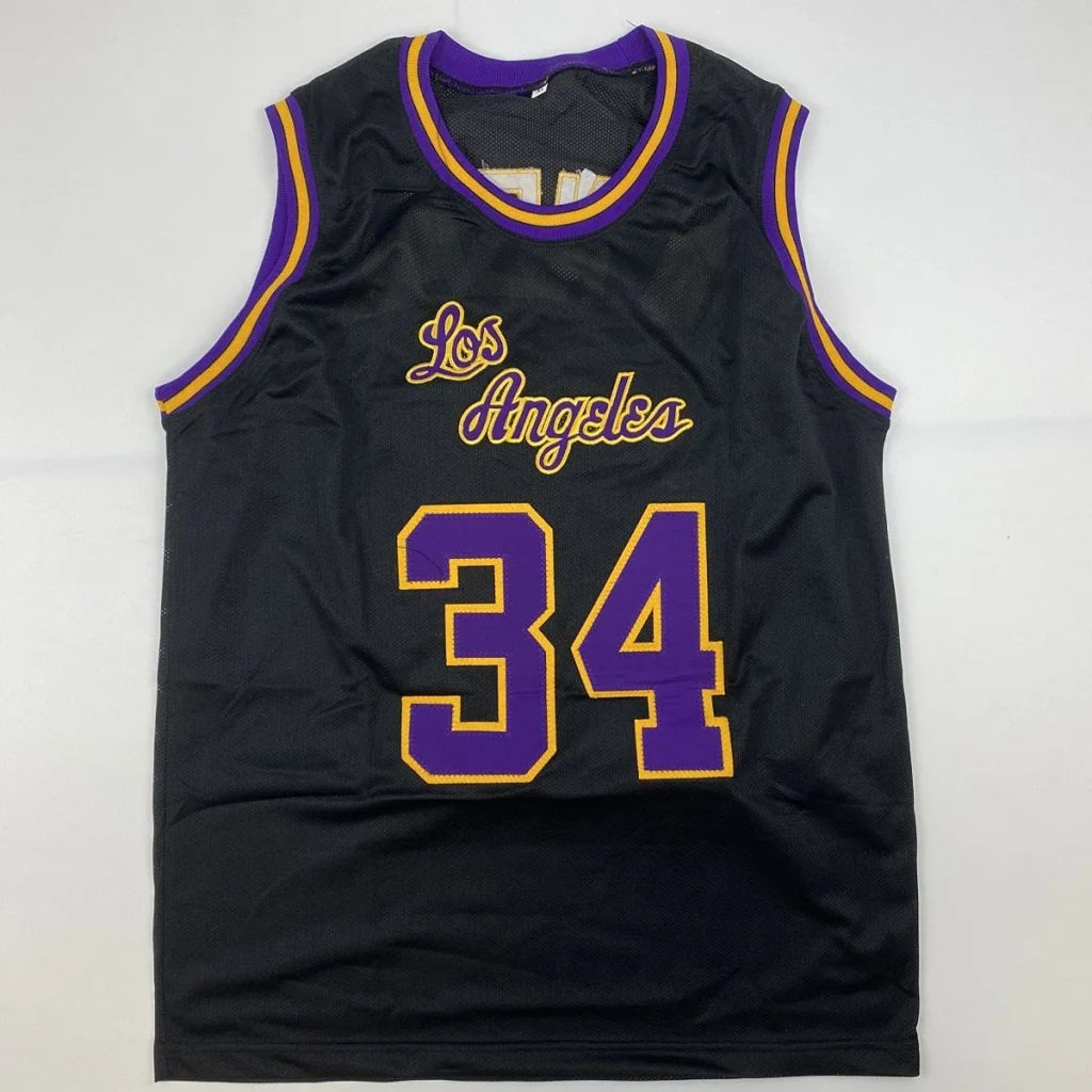 Black Los Angeles Lakers basketball jersey with purple gold trim and 34 for professional sports