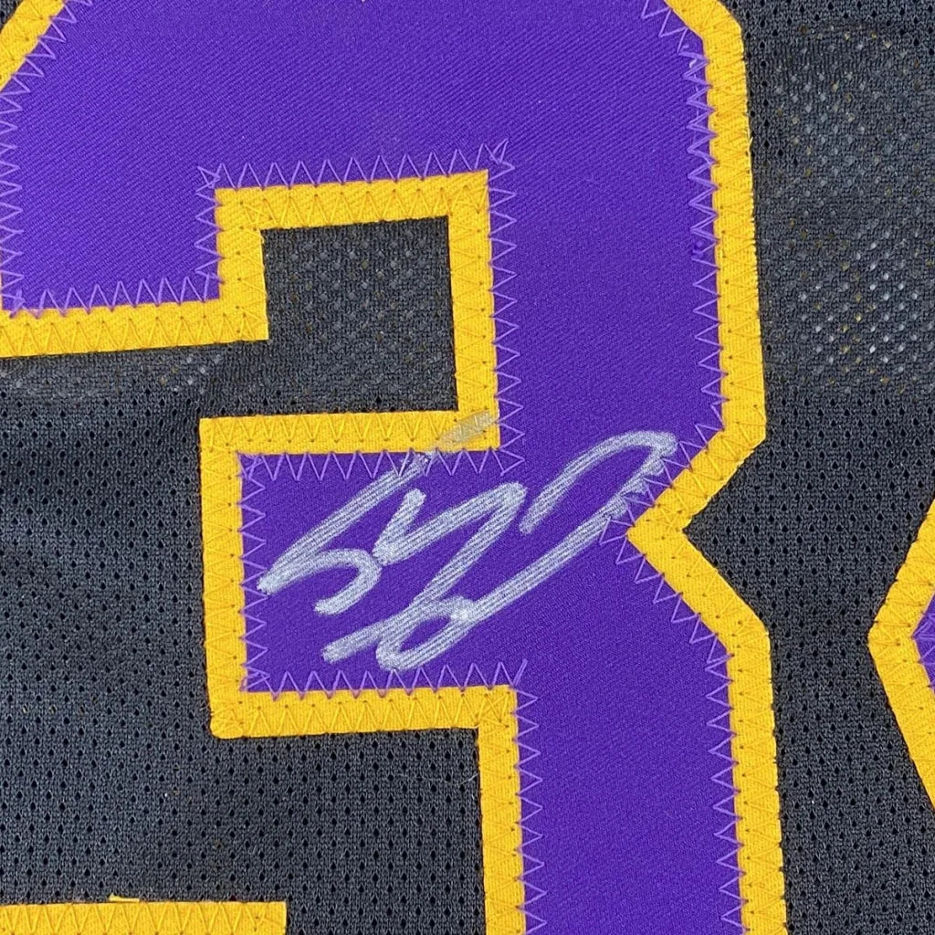 Purple and yellow number 2 on black mesh custom jersey with white signature for professional sports league